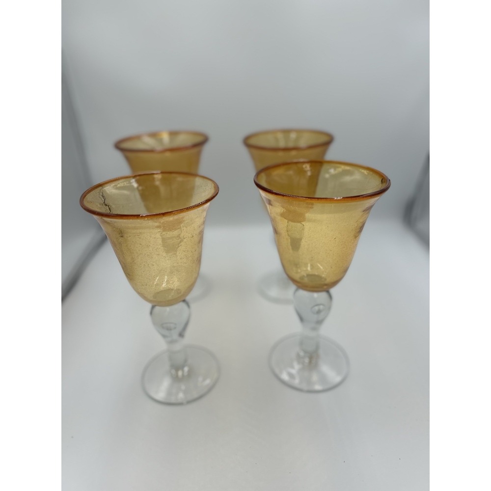 Abigails Yellow Amber Bubble Glass Water Goblets Optic Stem (Set of 4) 7.5 in
